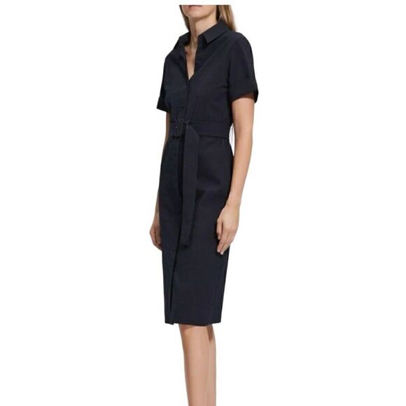 Theory Navy Blue Seersucker Dress Size Large * missing belt - Picture 2 of 13